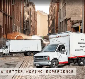 A photo of two Dedicated Moving semi-trucks parked side-by-side at our headquarters, superimposed with large white text that reads, 'A BETTER MOVING EXPERIENCE'.