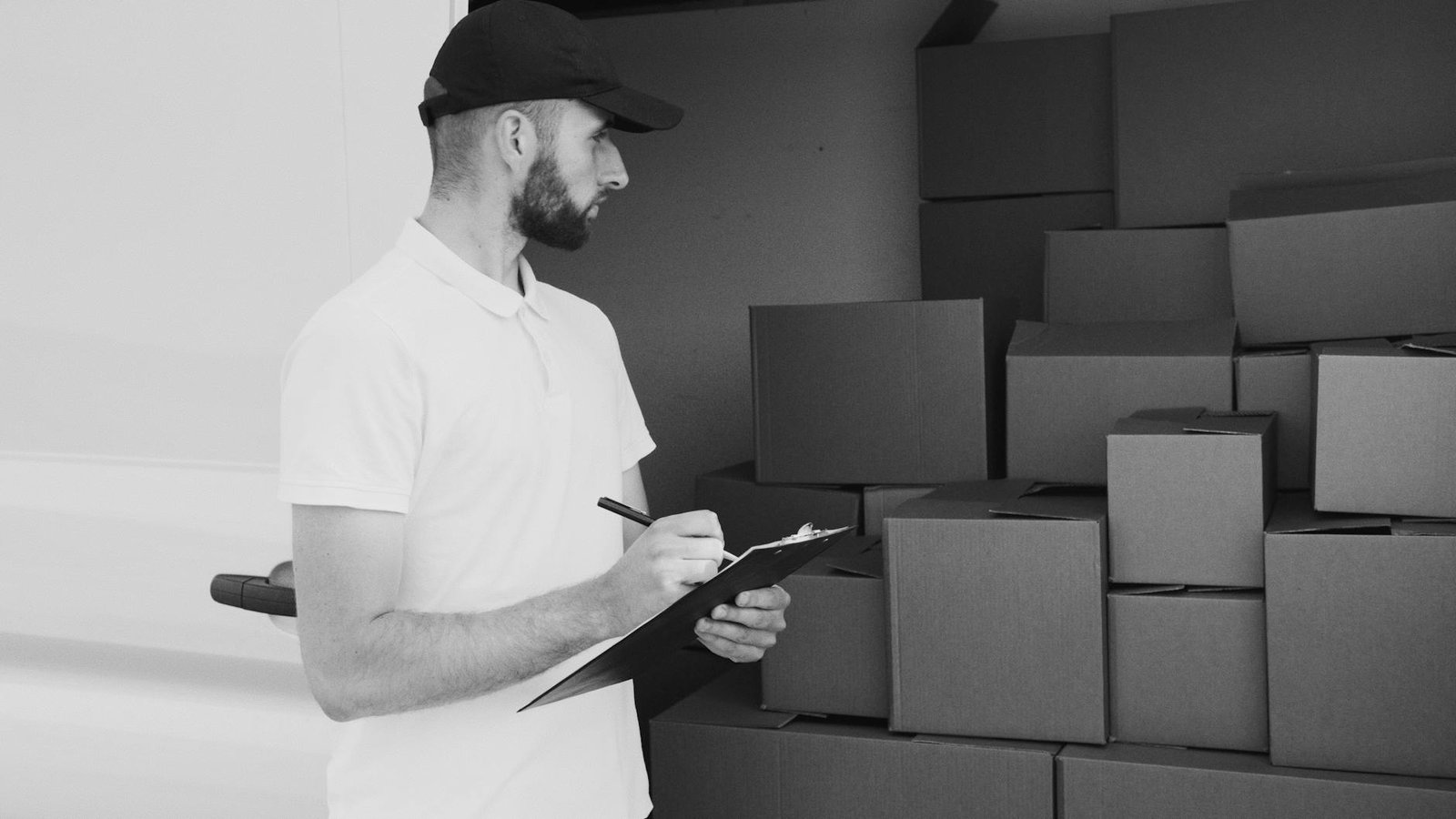 grayscale photo of man looking at boxes