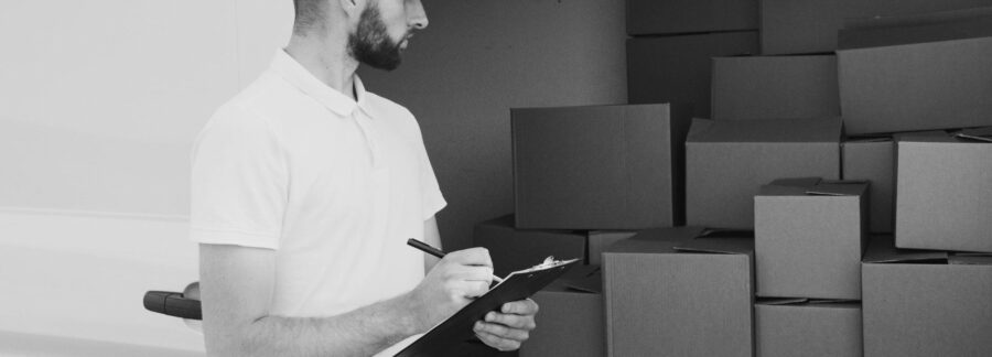 grayscale photo of man looking at boxes