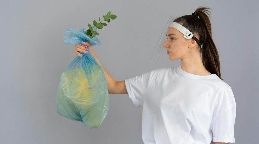 woman in white crew neck t shirt with white and green plastic bag