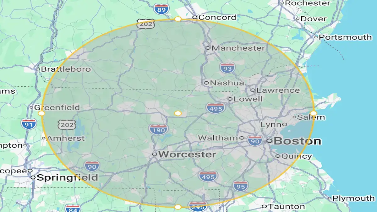 Service area map for Shirley MA labor and transit including Worcester and Middlesex counties