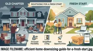 A split-panel illustration comparing a cluttered, stressful home downsizing experience labeled "Old Chapter" (left) with a bright, organized, and happy move labeled "Fresh Start" (right). The graphic highlights benefits including financial flexibility, simplified living, and new opportunities, featuring a couple moving into their new home with a laptop showing "Start a Small Business" and a box labeled Dedicated Moving.